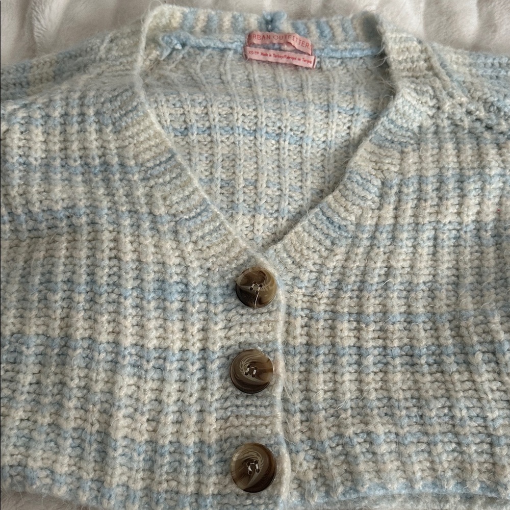 Urban Outfitters Cream/Blue Soft Cropped Cardigan Sweater.